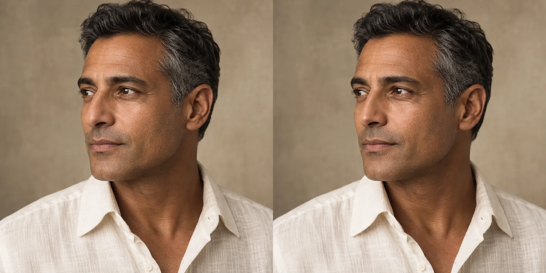 AI-generated portrait of a fictional adult man, front-facing in soft light — Original